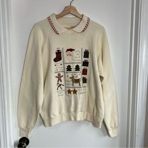 Vintage Embroidered Christmas Long Sleeve‎ Collared Sweater Shirt, Size Large